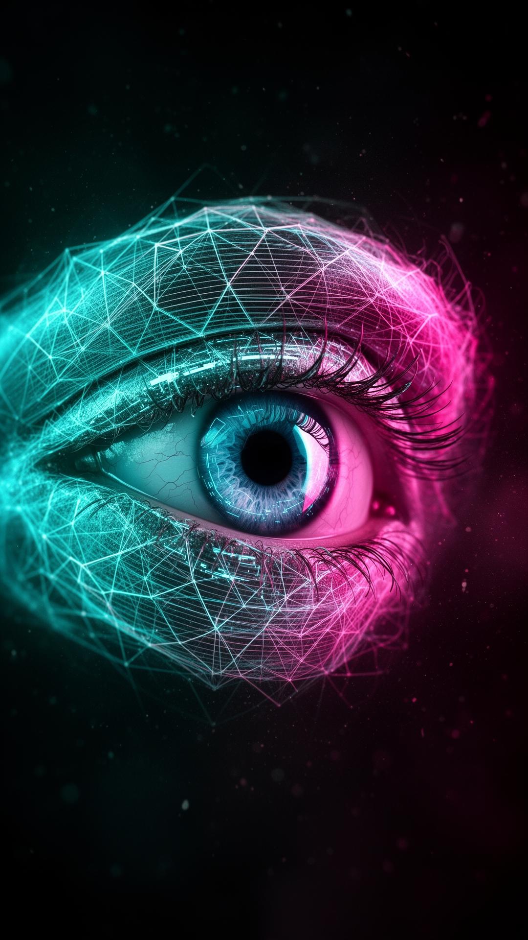 Cybernetic eye fused with a neural network mesh in cyan and magenta light
